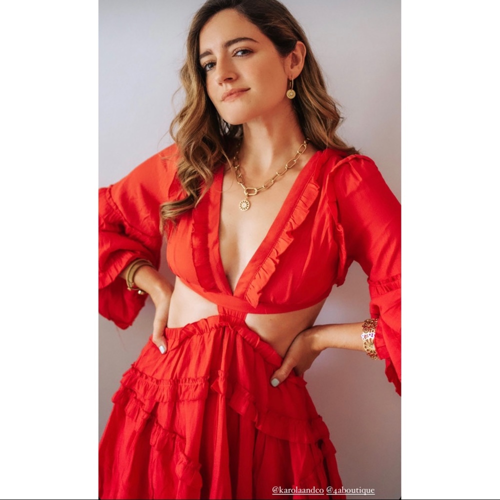 Red Mini Dress Cut Out Ruffled Back Ties Detail